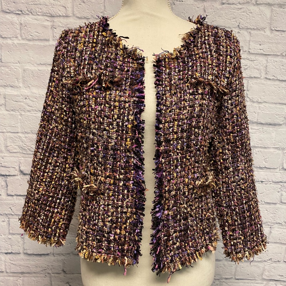 Umgee Purple and Gold Glitter Raw Hem Tweed Blazer Size Small